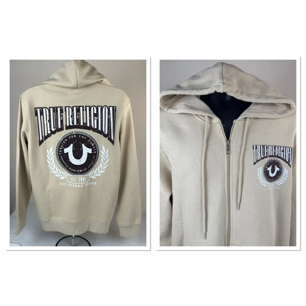 True Religion Mens College HS Zip Hoodie Fog Beige Graphic Sweatshirt Large 44
